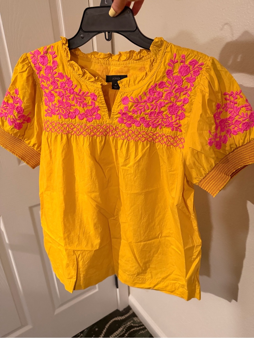 J. Crew Mustard Yellow Cotton Poplin Blouse with Pink Floral Embroidery